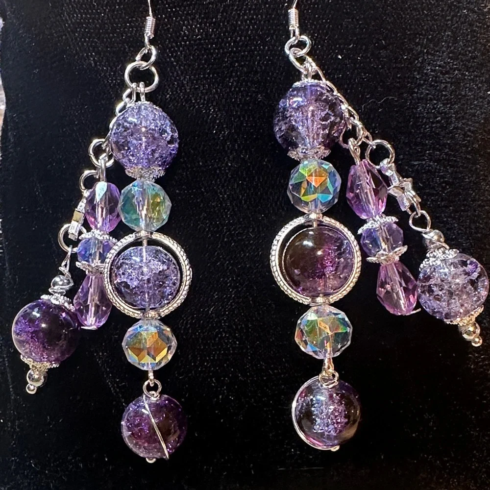 925 Silver Hooks, Purple and Silver Beaded Dangle Earrings - Picture 1 of 4